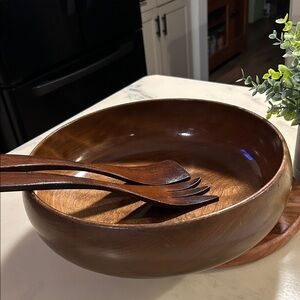 Vintage Woodbury Woodware Hand Turned Serving Bowl with matching serving tools